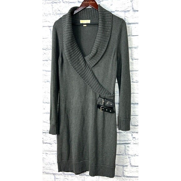 Michael Kors Women Sz L Gray Faux Wrap Sweater Dress Buckle Cowl Neck Ribbed T4 - Picture 4 of 12